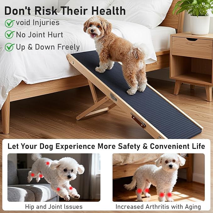 Foldable Dog Ramp for Bed and Couch - Adjustable Height with Leather Handle, Perfect for Small Dogs and Cats, Portable Pet Ramp for Easy Storage, 5 Adjustable Height, Portable 47.24'' Long