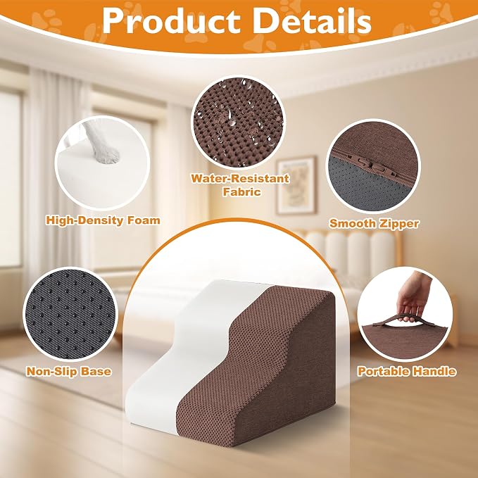 Dog Stairs for Small Dogs 11.5’’ H, 2-Step Dog Steps for Bed, Pet Stairs and Ramp for Dogs and Cats to Get on Beds, Couch, Non-Slip Balanced Pet Steps with Waterproof Cover, Brown