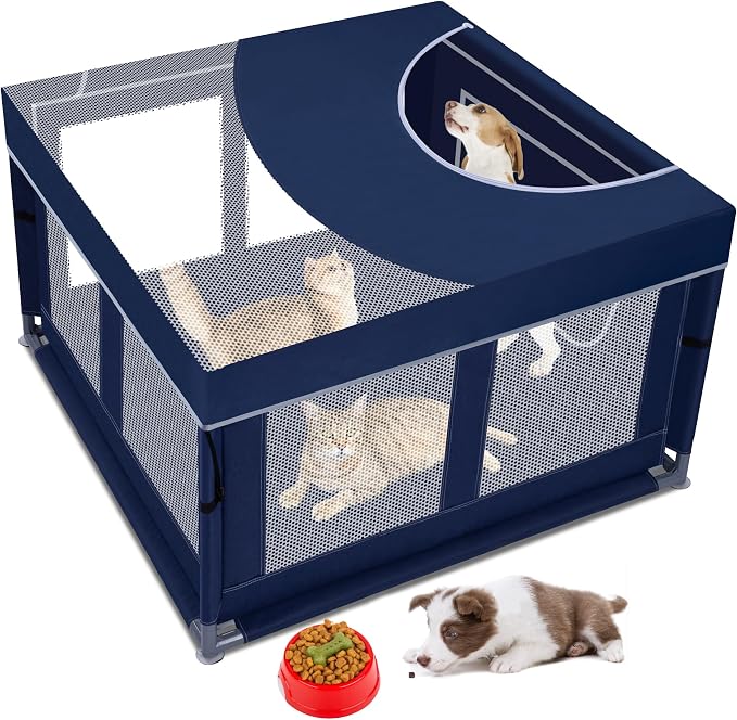 Dog Kitten Playpen with Play Pen Cover for Cat Indoor, 41 x41 x25.5 Puppy Playpen for Small Pet with See-Through Topper Proof Enclosed Door Dog Pen, Sturdy Warm Protable Play Pen for Cat