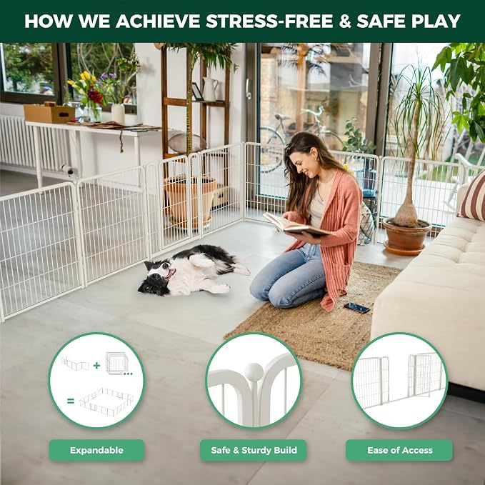 FXW Homeplus Unleashed Indoor Dog Playpen - Stress-Free and Safe Play, Heavy Duty 32 Inch 32 Panels Dog Pen for Small and Medium Dogs, White│Patented