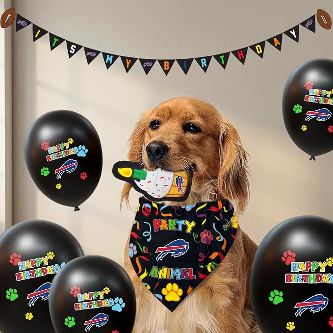 NFL Buffalo Bills Dog Birthday Party Set 9pcs with 1 Football Bandana Small/Medium, 1 Banner, 1 Birthday Cake Toy & 6 B-Day Balloons, Dog Birthday Set, Costume, Fun Doggie Pawty Accesories