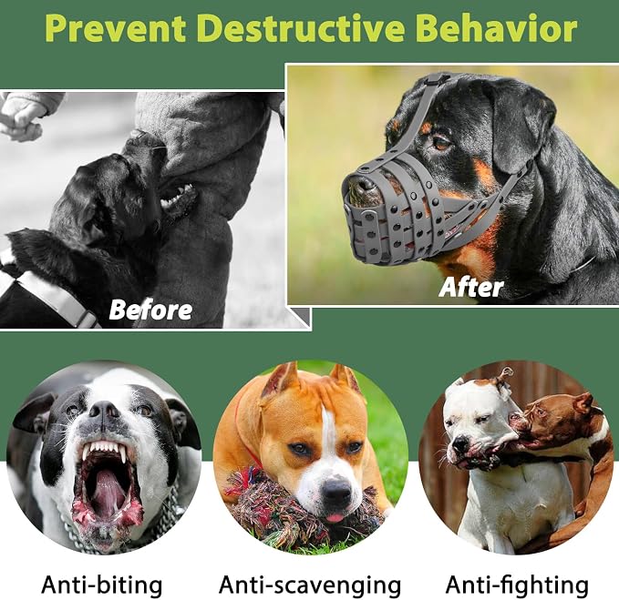 Pitbull Dog Muzzle for Large Medium Dogs Prevent Biting Scavenging | Fits Rottweiler Amstaff Broad-nosed Breed, Sturdy Breathable Basket, Training Walking Use, Allows to Drink | Grey, L