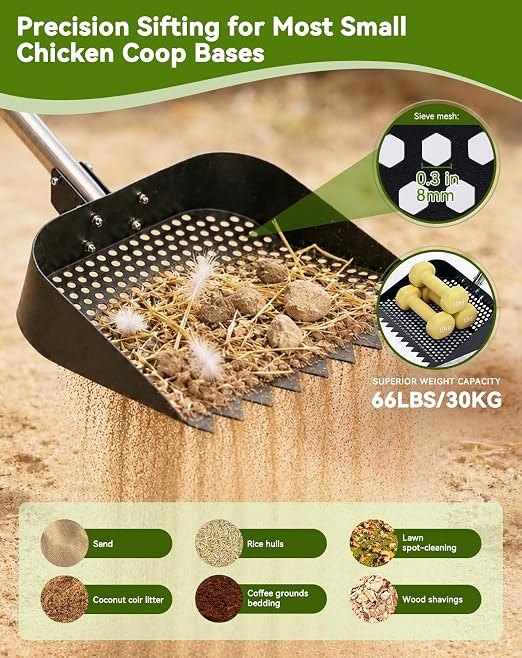 2-in-1 Chicken Poop Scooper & Rake, 12" Wide Metal Chicken Coop Scooper, 3-Way Adjustable Head, 39/51/67" Long 304 Stainless Steel Handle & Gloves, Non-Stick Sand Sifting Shovel for Backyard Farm Barn