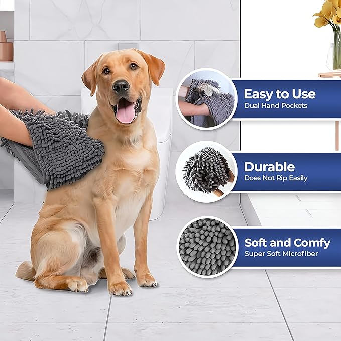 Muddy Mat Doggy Dryer, Highly Absorbent Microfiber Washable Dog Shammy Quick Drying Towel Absorber - Extra Soft Plush Wrap Chenille Bath Towels to Dry Soggy Large Pets & Small Puppy-Grey 19"x46"
