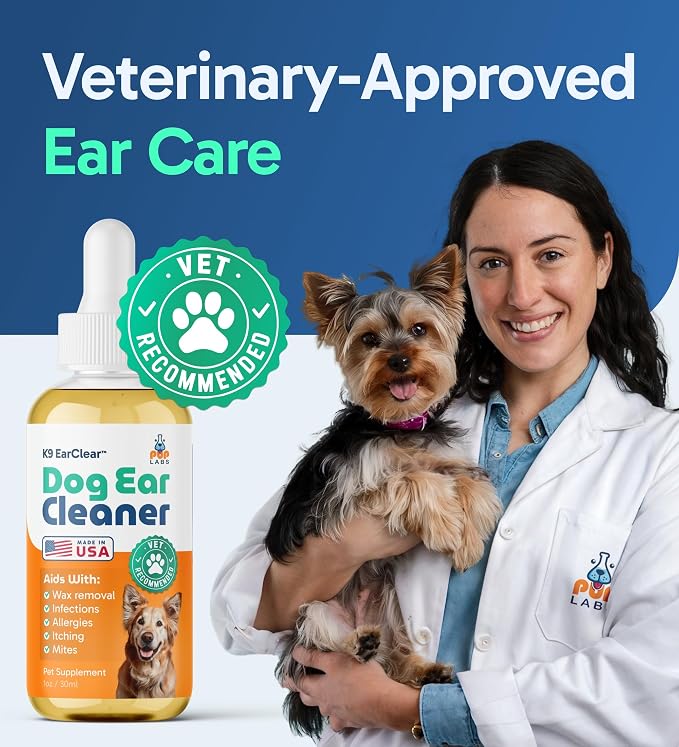 Pup Labs Ear Clear, Natural Dog Ear Cleaner and Infection Treatment for Dogs, Dog Drops for Itching, Irritation, & Wax Build-Up, 1 oz Bottle with Dropper