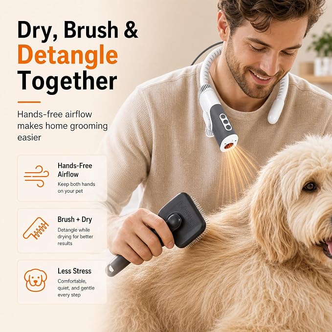 PETNF Hands-Free Neck Dog Dryer, 110,000 RPM High Velocity Pet Hair Blow Dryer for Dog Grooming, 1300W Wearable Design, 3 Speeds 5 Heat Settings, Home & Salon