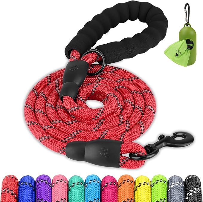 Joytale Rope Dog Leash for Medium Large Dogs, Padded Handle, 6FT, Red | Reinforced Nylon Webbing, Comfort Grip Eases Hand Strain, Swivel Clip Prevents Tangles, Visible at Night, for Outdoor Walks