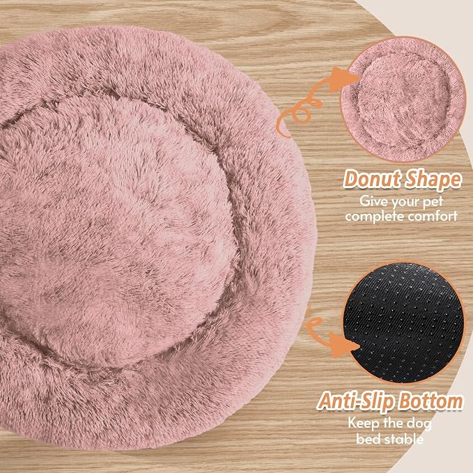 JOLLYVOGUE 36" Calming Donut Dog Bed, Dark Pink