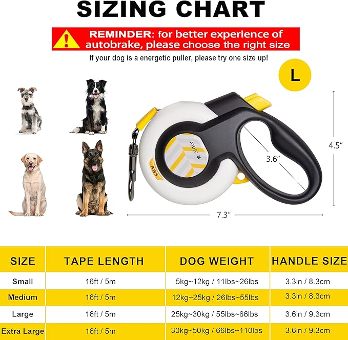 FIDA AutoBrake Retractable Dog Leash. Advanced Patented Design for Dog Pulling, 16 ft Heavy Duty No Pull Pet Walking Leash for Large Breeds. Tangle Free, Soft Grip, Large Size