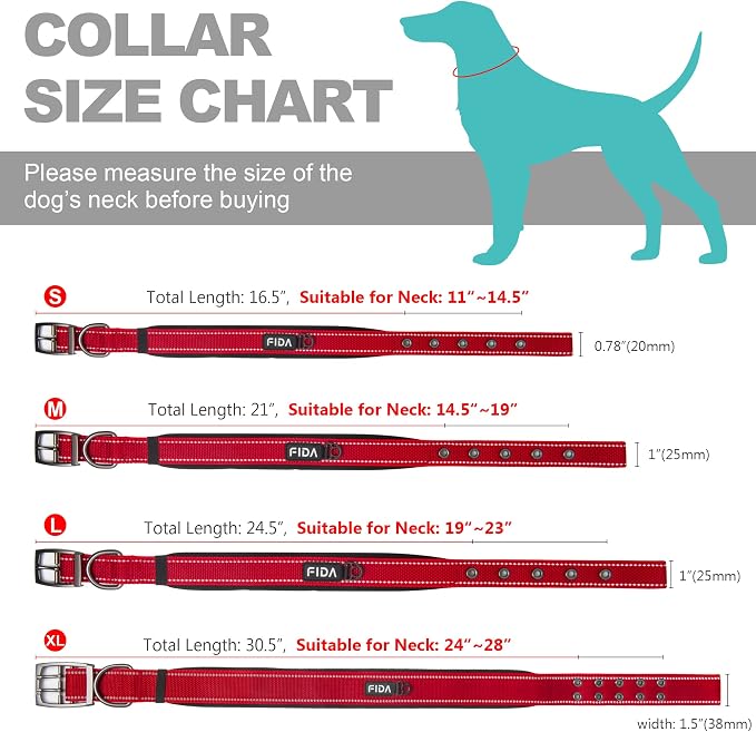 Fida Heavy Duty Dog Collar for Large Dogs with Metal Belt Buckle, Red | Soft Neoprene Padded for Extra Comfort, Thicker Nylon Webbing, Adjustable Fit, Reflective Stitching for Night Safety