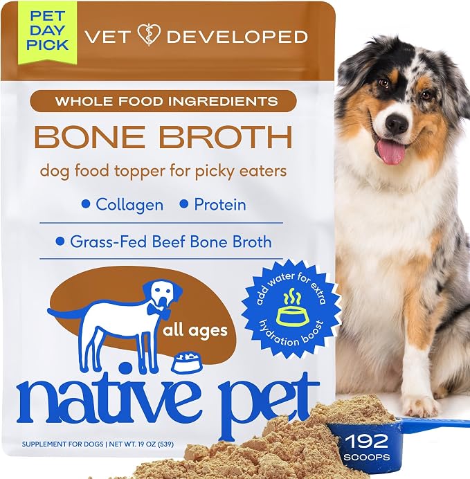 Native Pet Bone Broth for Dogs and Cats - Made with Real Beef Bone Broth, Dog Food Toppers for Picky Eaters- Provides Extra Hydration & Nutrition for Joint Strength, Immunity & Heart Health-192 Scoops