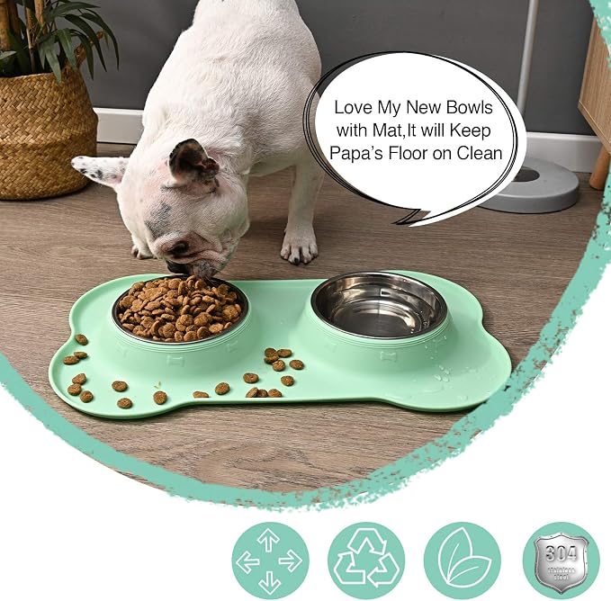 Dog Bowls 2 Stainless Steel Bowl for Pet Water and Food Feeder with Non Spill Skid Resistant Silicone Mat for Pets Puppy Small Medium Cats Dogs