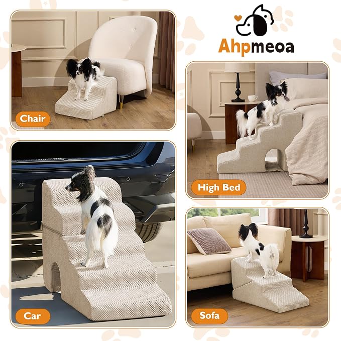Dog Stairs for Small Dogs 11.5’’ H, 2-Step Dog Steps for Bed, Pet Stairs and Ramp for Dogs and Cats to Get on Beds, Couch, Non-Slip Balanced Pet Steps with Waterproof Cover, Beige
