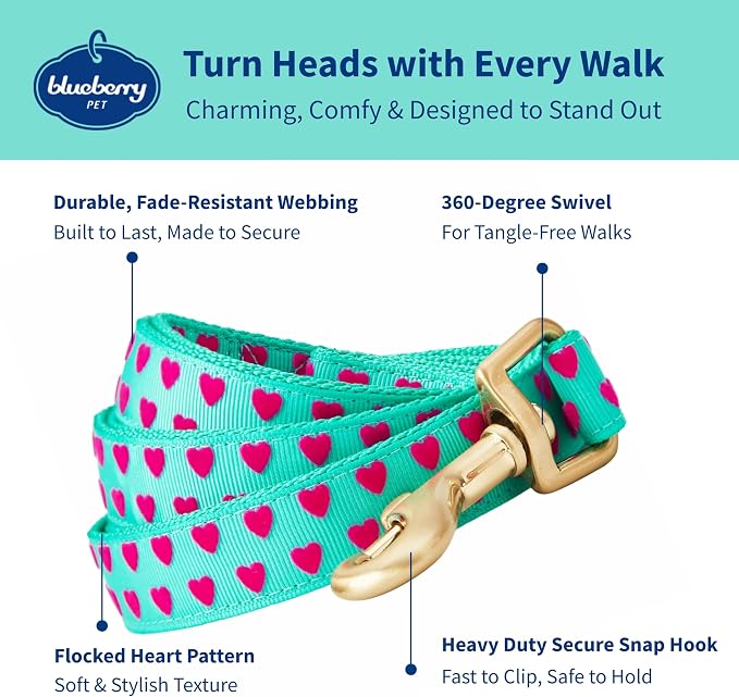 Blueberry Pet Valentine's Day Dog Leash, Velvety Soft-Touch Heart Flocking Lead for Large Dogs, Minty Green, 4 ft x 1"