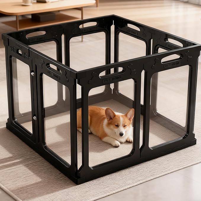Clear Acrylic Dog Playpen Indoor, Expandable Size & Flexible Shape, Ideal for Small & Toy Dogs, Black