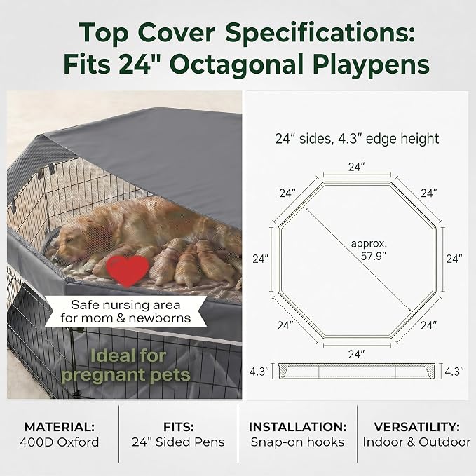 PJYuCien Dog Playpen with Top Cover and Bottom Pad - Metal Foldable Exercise Pen, 8 Panels 24" H x 24" W Indoor Outdoor Pet Fence Puppy Crate Kennel, Gray
