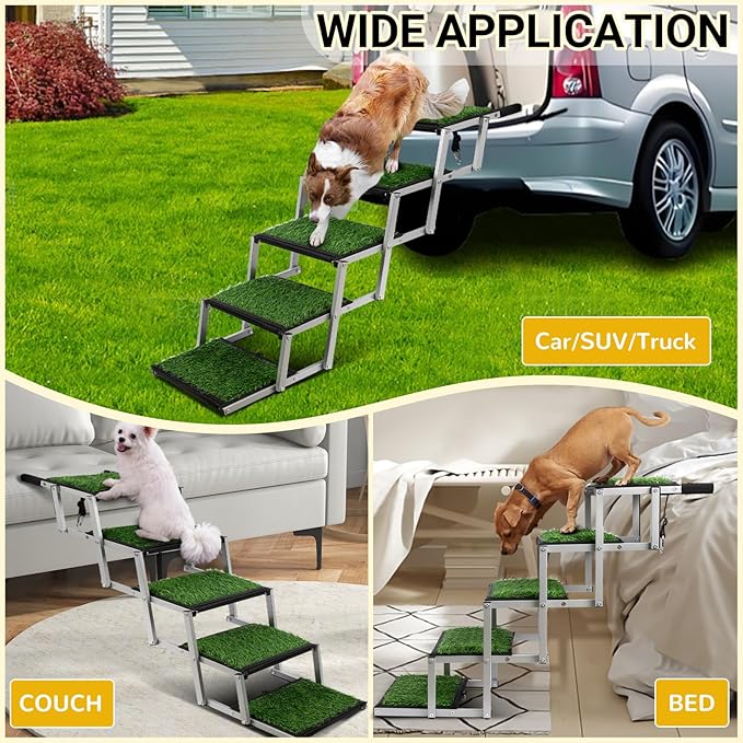 Dog Stairs for Car, Portable Folding Dog Ramps,Doggy Steps for Large Dogs with Non-Slip Grass Rug for Cars, SUV, Trucks,Lightweight Pet Ramp Supports Up to 200 lb, 5 Steps