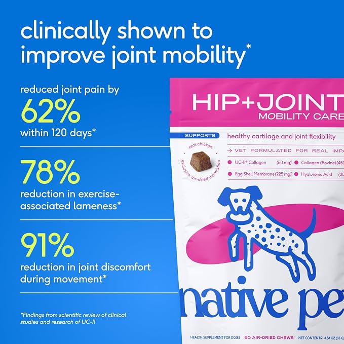 Native Pet Mobility Care - Hip & Joint Supplement for Dogs - UC-II Collagen, Egg Shell Membrane & Hyaluronic Acid - Dog Joint Supplement Chews Supports Cartilage, Mobility & Flexibility - 120 Chews