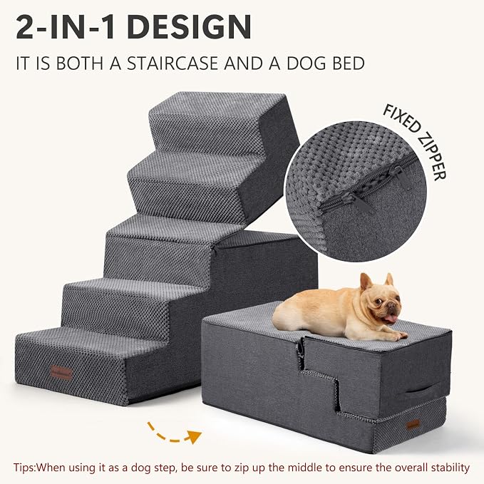 Aodisman Pet Stairs for High Bed, 5-Step Dog Stairs for Small Dogs, Indoor Non-Slip Dog Steps for Old Cats, Puppy, Small Medium Dogs,22.6" H,Gery
