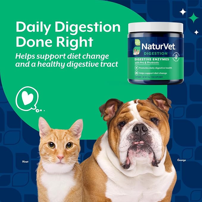 NaturVet Digestive Enzymes with Pre & Probiotic for Dogs & Cats - 4 oz | Supports Diet Changes & a Healthy Digestive Tract with Prebiotics for Dogs & Cats, Powder