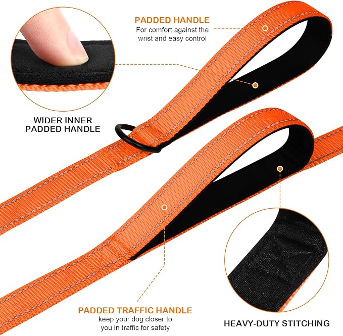 Joytale Dog Leash for Large Dogs that Pull, Double Handle, 5FT, Orange | Traffic Handle for Control, Padded Handle Reduces Hand Strain, Reflective Stitching for Night Safety, Strong Nylon Webbing
