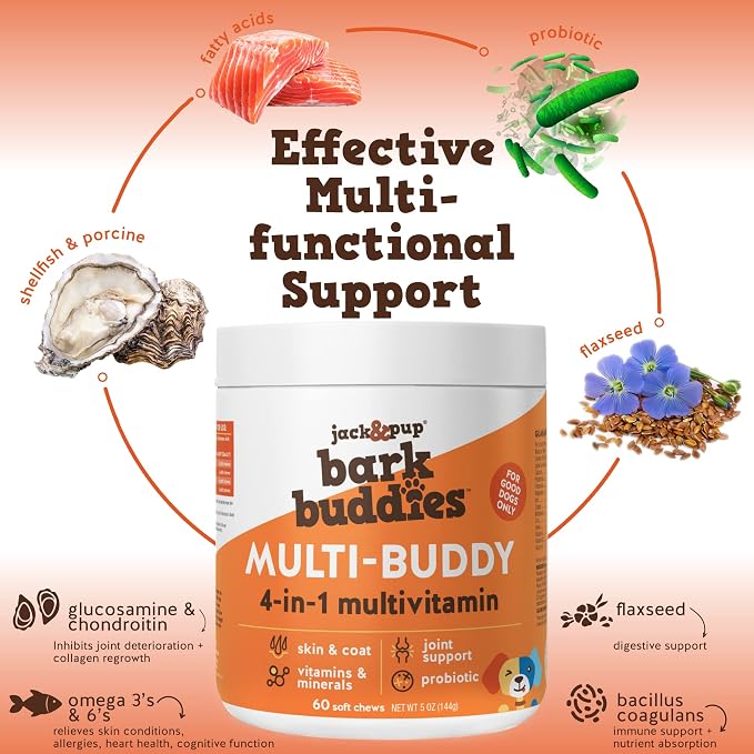 Jack&Pup Dog Vitamins and Supplements Multivitamins for Dogs - Bark Buddies Multi-Buddy Dog Multivitamins Chewable Soft Chews Puppy Vitamins and Supplements - (60ct)