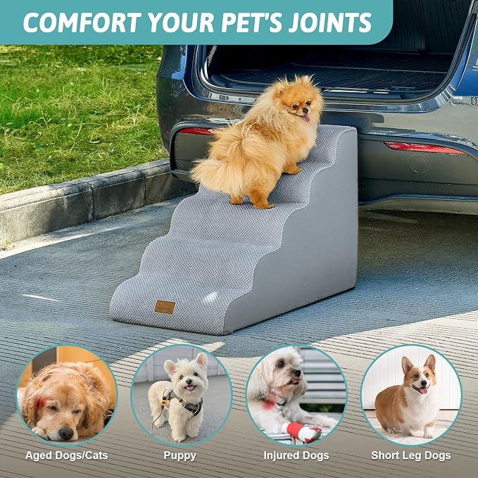 COZY KISS Wide Dog Stair for Small Dog 22.6" H, 5 Step Pet Ramp for Bed | Curved Stable Dog Step for Puppy, Older Cat, Senior, Medium, Short-Legged Dog, Non-Slip Ladder for Car, 17.7" Width, Grey