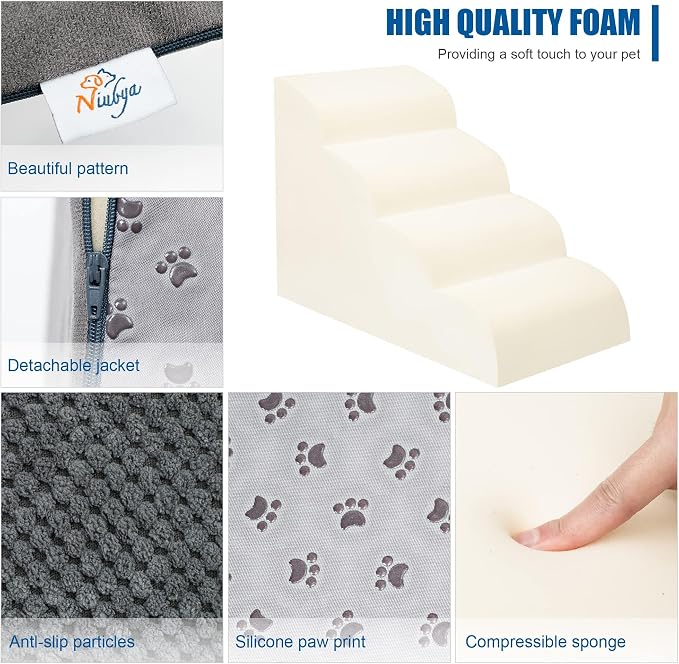 Dog Stairs for Small Dogs - High Density Foam Dog Ramp, Extra Wide Pet Steps with Non-Slip Bottom for High Beds, Couche and Sofa, Best for Pet Injured, Older Dogs Cats (Grey, 4 Steps)