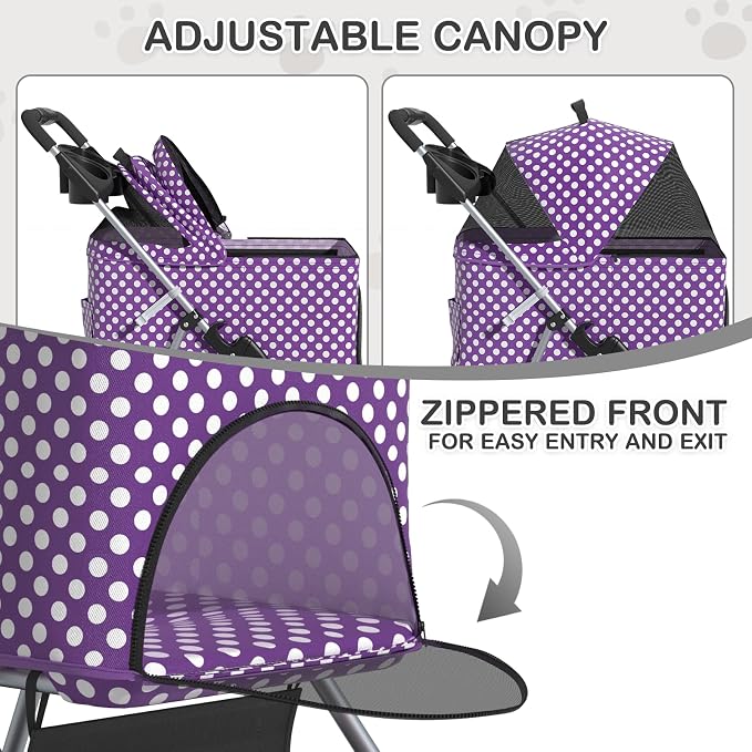 MoNiBloom 3-in-1 Foldable Pet Stroller - Purple Polka Dots, up to 33lbs