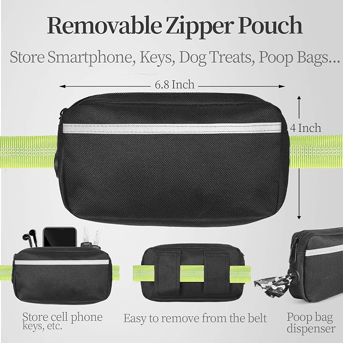 iYoShop Hands Free Dog Leash with Zipper Pouch, Large, 25-120 lbs, Green | Waist Leash, Dual Padded Handles, Shock-Absorbing Bungee, Adjustable Waist Belt, Walking and Running