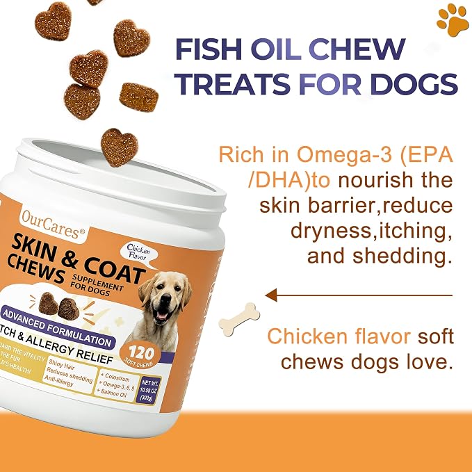 Skin and Coat Supplement for Dogs, Omega 3 Fish & Salmon Oil with EPA & DHA, Colostrum Support Skin & Coat Healthy, Itchy Dog Allergy May Reduce Shedding, Chicken Flavor, 12 Ct