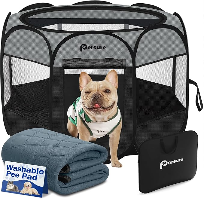 Dog Cat Playpen Indoor Outdoor for Puppy Pet Dogs Cat Recovery After Surgery, Dog Tent Crates Cage Indoor/Outdoor, Portable Pop Up Kennel with Carrying Case for Travel (Dark Grey with Pad, Large)