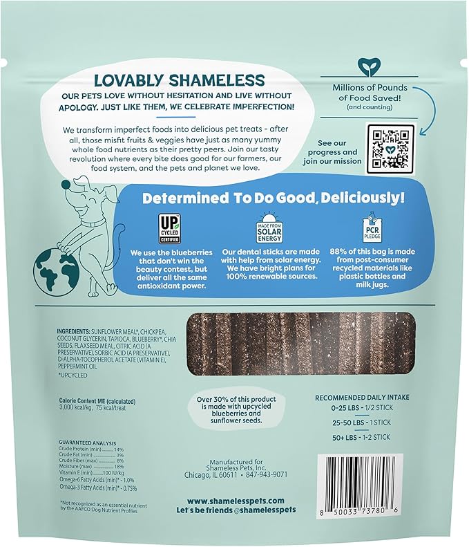 Shameless Pets Blueberry & Mint Dental Chews for Dogs, 32 Chews - Natural Dog Teeth Cleaning Treats with Fresh Breath Benefits | Grain-Free Dental Sticks for Small, Medium & Large Dogs