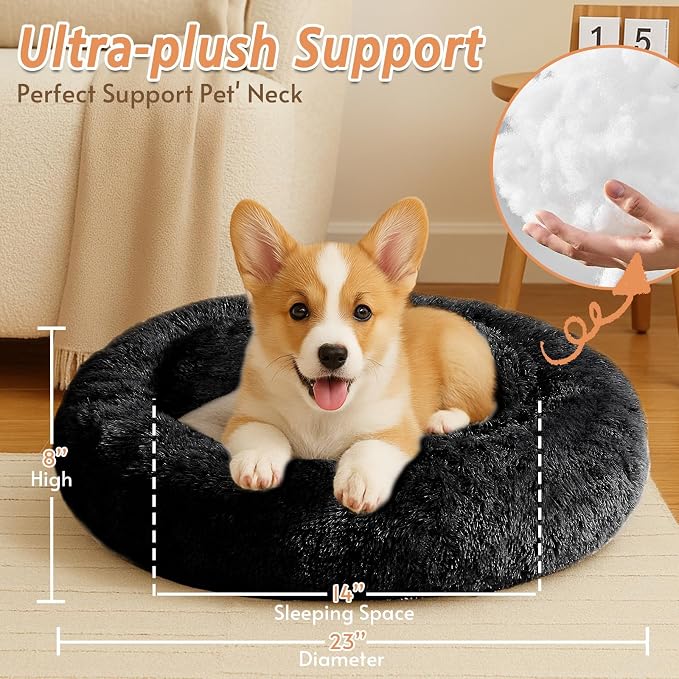 JOLLYVOGUE 23" Calming Donut Dog & Cat Bed, Black