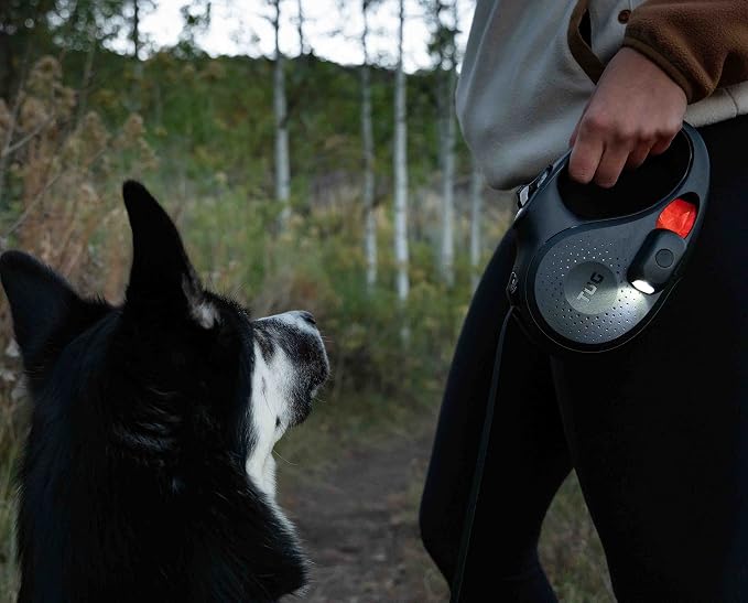 TUG Oval 360° Tangle-Free Retractable Dog Leash | Flashlight Included | Integrated Waste Bag Dispenser Pocket (Small, Black)