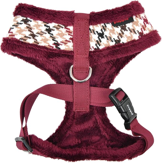 Puppia Kent Dog Harness Over-The-Head Warm Winter Houndstooth Pattern Adjustable Chest for Small and Medium Dog, Wine, Medium