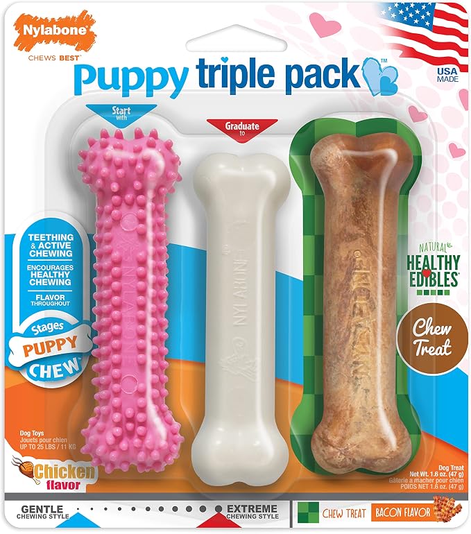 Nylabone New Puppy Starter Kit, Puppy Teething Toys, 3 Pack, Pink | Teething toys for puppies, natural chew treat & toy set for small dogs up to 25 lbs, long lasting chicken & bacon flavor