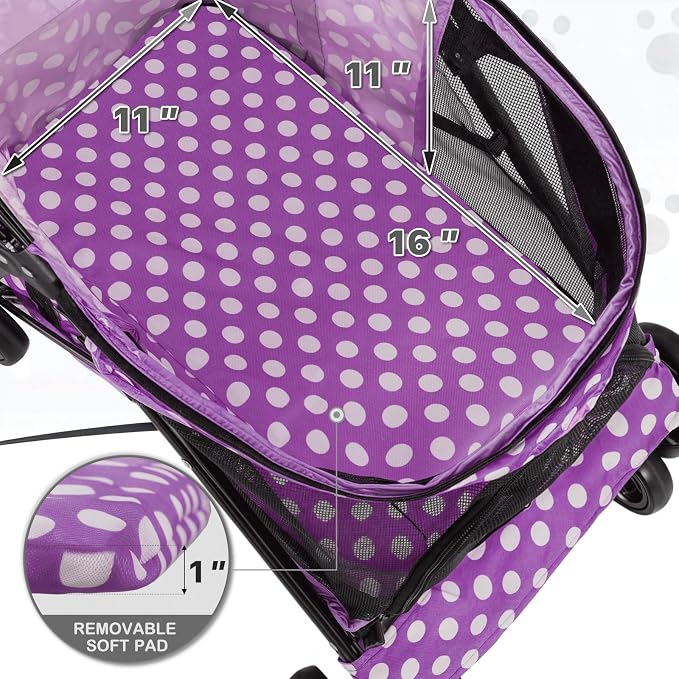 MoNiBloom 4-Wheel Foldable Pet Stroller - Purple Polka Dots