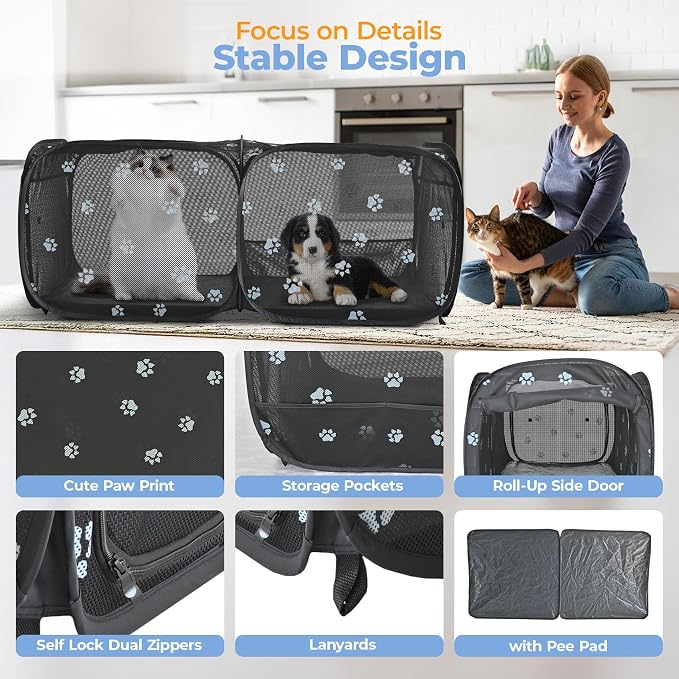 2-in-1 Dog Playpen 73.5''Pop Up Cat Pet Playpen, Assembly-Free Indoor Outdoor Kitten Enclosure, Breathable Cat Cage Portable Puppy Tent Crates,Spacious Kennel for Small Animals, No Confinement Feel(L)