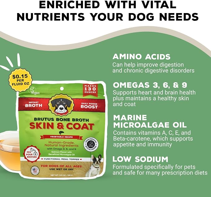 Brutus Broth Dog Food Topper - Instant Broth Powder with Omegas 3,6,9 from Microalgae Oil for Skin and Coat - Human-Grade Quality, Serve Dry or Wet - Vegetable Flavor, 3.5 oz (Pack of 1)