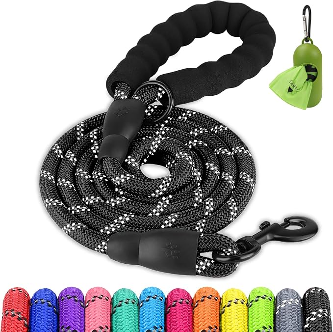 Joytale Rope Dog Leash for Medium Large Dogs, Padded Handle, 6FT, Black | Reinforced Nylon Webbing, Comfort Grip Eases Hand Strain, Swivel Clip Prevents Tangles, Visible at Night, for Outdoor Walks