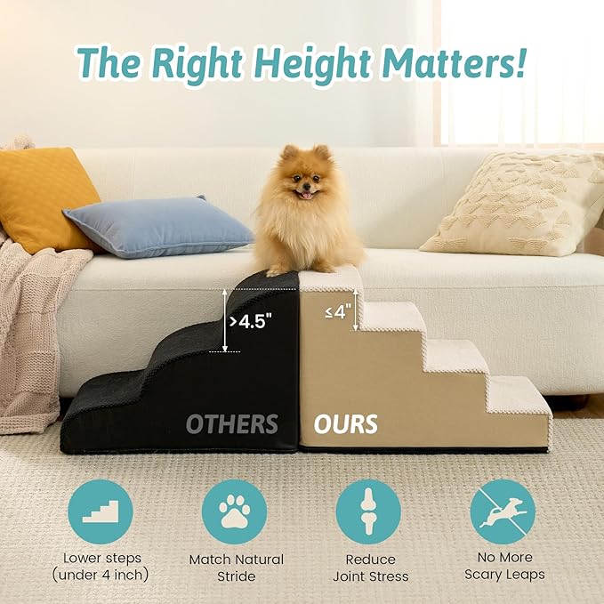 COZY KISS Dog Stairs for Small Dogs, 4 Step Pet Stairs for Beds & Couches | 15.7" H Non-Slip Dog Steps for Bed & Sofa, Gentle Incline for Puppies, Senior Cats, and Small Dogs, 15.7x23.6x15.7 in, Beige