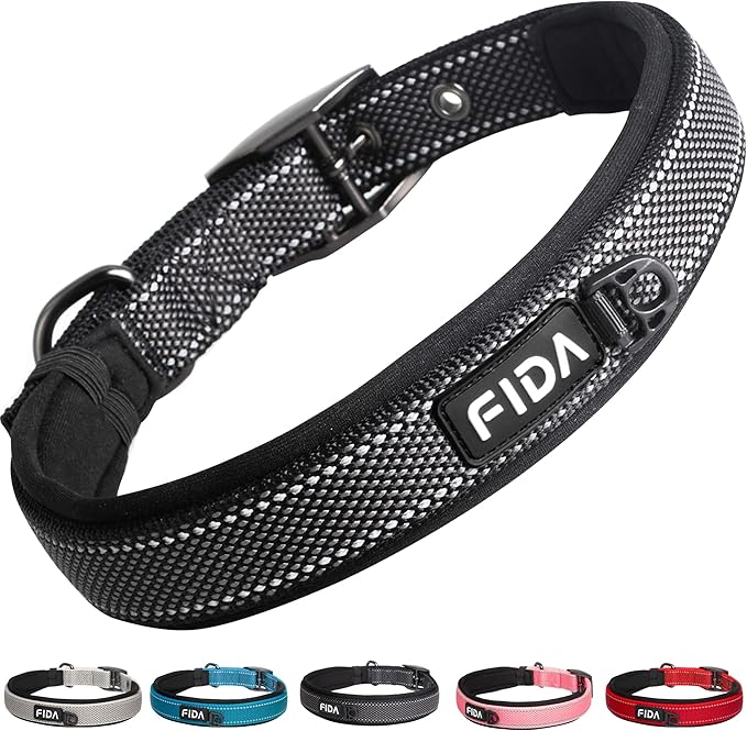 Fida Heavy Duty Dog Collar for Large Dogs with Metal Belt Buckle, Black | Soft Neoprene Padded for Extra Comfort, Thicker Nylon Webbing, Adjustable Fit, Reflective Stitching for Night Safety