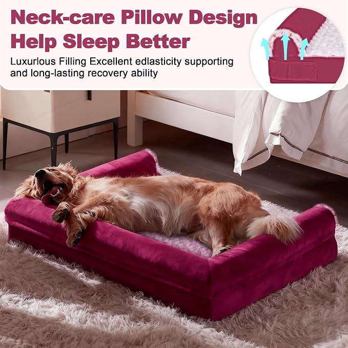 Jumbo Human Dog Bed Style - Breathable Egg-Crate Foam Sofa Couch with Bolster, Water-Resistant Liner & Washable Rose Velvet - Ideal for Great Danes, Mastiffs, Rose Pink (54'' x 37'')