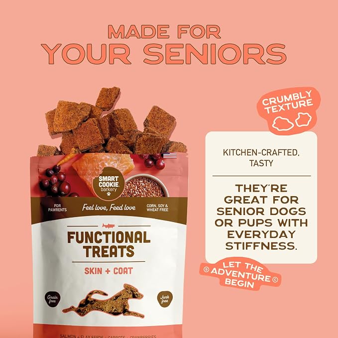 Smart Cookie All Natural Dog Treats - Healthy Skin & Coat Salmon Dog Treats - Ideal for Sensitive Stomachs or Itchy, Allergic, Dry Skin - Dehydrated, Crunchy, Human-Grade, Made in USA - 8oz, Pack of 3