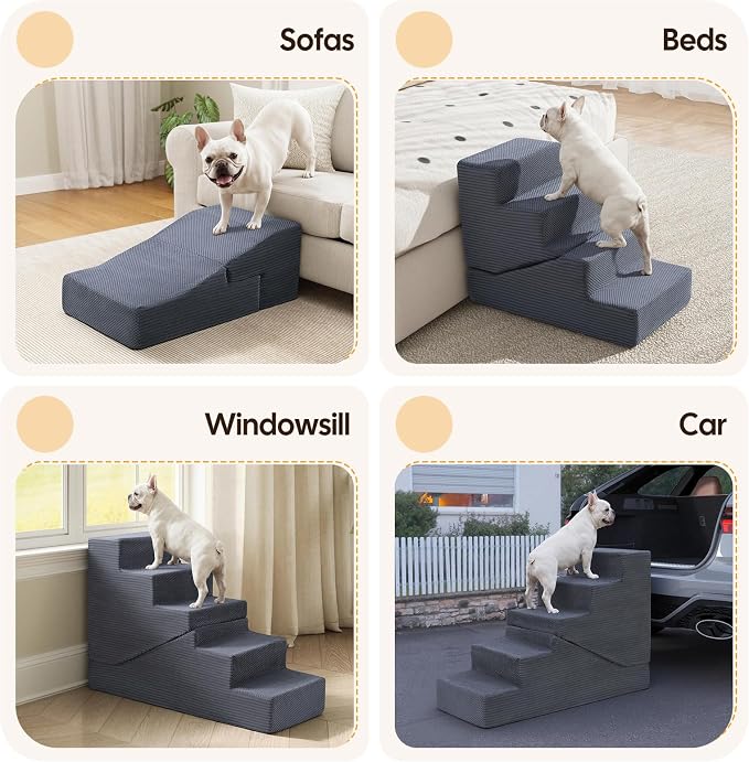 Dog Ramp for Bed Couch, 25.6" H Dog Stairs for Small Dogs, 2 in 1 Transformable 5-Step Pet Steps for Bed, Foldable Cats Ramp to Get on Bed, Non-Slip Balanced, Grey