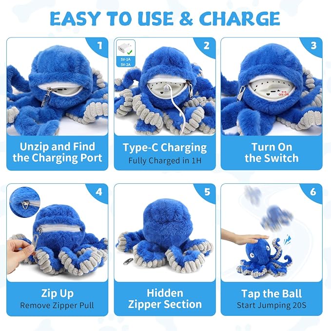Interactive Dog Octopus Toy, Upgrade Automatic 1.5H Jumping Ball with Motion Activation for Small Large Dogs, 2 in 1 Rechargeable Move & Tug Plush Toy Pets Keep Busy, No Music (Blue Crinkle)