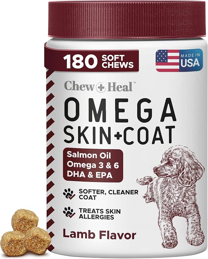 Omega 3 Fish Oil for Dogs, Lamb Flavor - 180 Soft Chews for Skin and Coat
