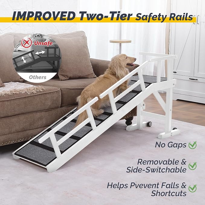 Dog Ramp for Bed or Couch, Wooden Pet Ramp with 20° Gentle Slope, Removable Side Rails, Non-Slip Surface, Top Platform & Wheels, Safe Bed Ramp for Small, Large & Senior Dogs, 60" Long, White