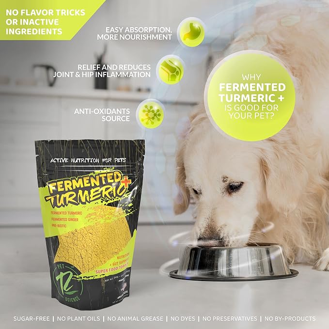 ROGUE PET SCIENCE Turmeric Plus for Dogs - Tasty Powdered Ginger & Fermented Turmeric Dog Food Topper - Supports Joint Inflammation, Allergies, Gut and Digestion - Helps Reduce Swelling(5.25 oz)